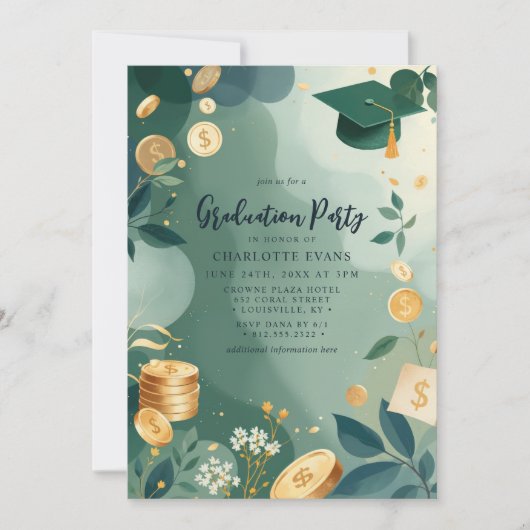 グリーン金ゴールドコインズファイナンス卒業パーティーの写真 招待状 (正面)