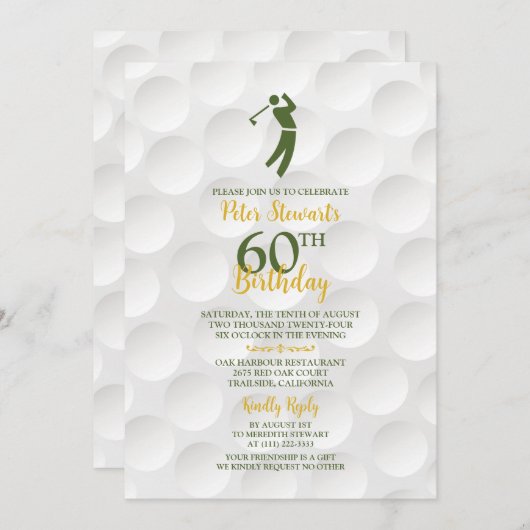 グリーン金ゴールドゴルファー60誕生日 招待状 (正面/裏面)