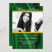グリーン金ゴールドサテン写真卒業発表 招待状 (正面/裏面)