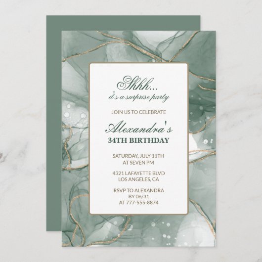 グリーン金ゴールドシックラグジュアリーサプライズ34th誕生日 招待状 (正面/裏面)