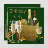 グリーン金ゴールドシャンパンワイングラスバースデーパーティー 招待状 (正面/裏面)