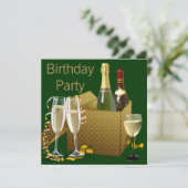 グリーン金ゴールドシャンパンワイングラスバースデーパーティー 招待状 (スタンド正面)