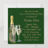 グリーン金ゴールドシャンパンワイングラスバースデーパーティー 招待状 (裏面)