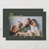 グリーン金ゴールドシンプルフォトメリークリスマス シーズンカード (正面/裏面)