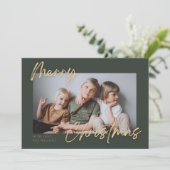 グリーン金ゴールドシンプルフォトメリークリスマス シーズンカード (スタンド正面)