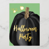 グリーン金ゴールドスクリプトカボチャハローウィンパーティフォイル 箔招待状 (正面)