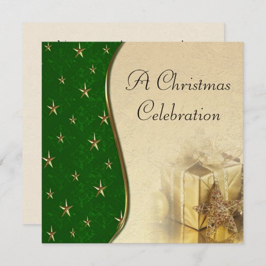 グリーン金ゴールドスタークリスマスお祝い招待状 招待状 (正面/裏面)