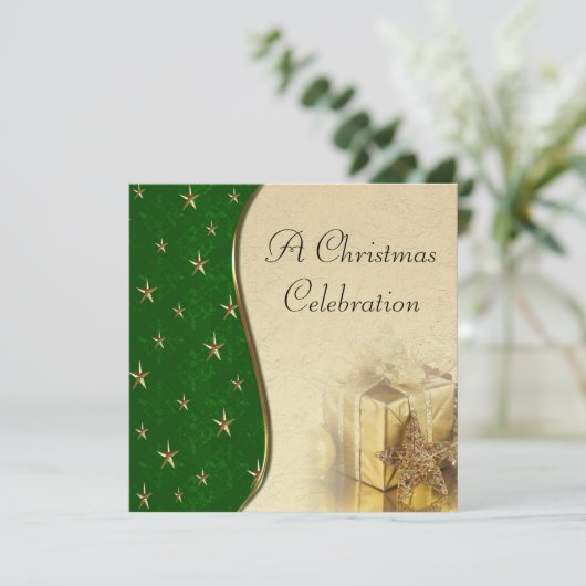 グリーン金ゴールドスタークリスマスお祝い招待状 招待状 (スタンド正面)