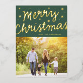 グリーン金ゴールドスターズメリークリスマスレタリング写真 箔シーズンカード (正面)