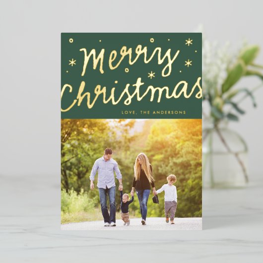 グリーン金ゴールドスターズメリークリスマスレタリング写真 箔シーズンカード (立ち正面)