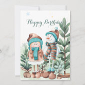 グリーン金ゴールドスノーガール雪だるまクリスマス誕生日 招待状 (裏面)