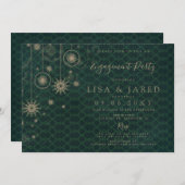 グリーン金ゴールドスノーフレークスウィンター婚約パーティ 招待状 (正面/裏面)