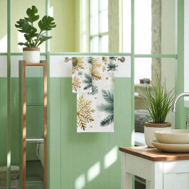 グリーン金ゴールドスノーフレークフローラホリデー バスタオルセット