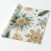 グリーン金ゴールドスノーフレークホリデーラグジュアリーウォーター ラッピングペーパー (アンロールド)