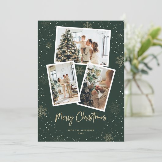 グリーン金ゴールドスノーフレーク写真メリークリスマスカード シーズンカード (スタンド正面)