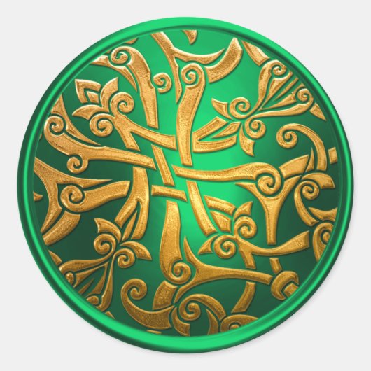 グリーン金ゴールドセルティックダマスク封筒用シール ラウンドシール (正面)