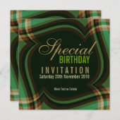 グリーン金ゴールドタータンチェックスクエア招待状 招待状 (正面/裏面)
