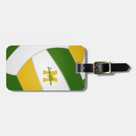 グリーン金ゴールドチームカラーモノグラムのバレーボール ラゲッジタグ (正面横)