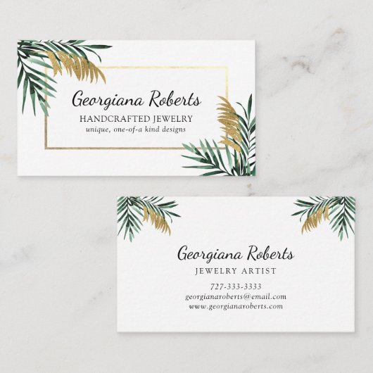 グリーン金ゴールドトロピカル葉ジュエリーデザイナー 名刺 (正面/裏面)