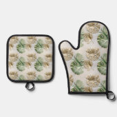 グリーン金ゴールドトロピカル葉 鍋つかみ&鍋敷きセット (正面)