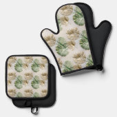 グリーン金ゴールドトロピカル葉 鍋つかみ&鍋敷きセット (正面/裏面)