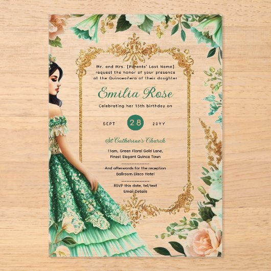 グリーン金ゴールドドレスキンセアニラエメラルドミカンス アクリル招待状 (正面)