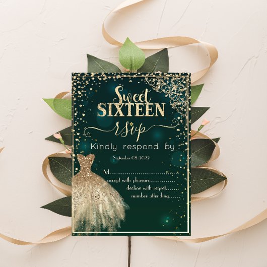 グリーン金ゴールドドレスティアラ，ダイアモンズスウィート16 RSVP 招待状