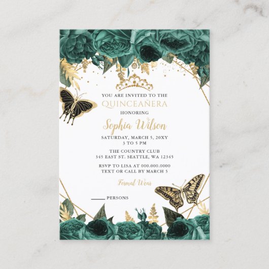 グリーン金ゴールドバタフライキンセアニラミニ招待状 名刺 (正面)