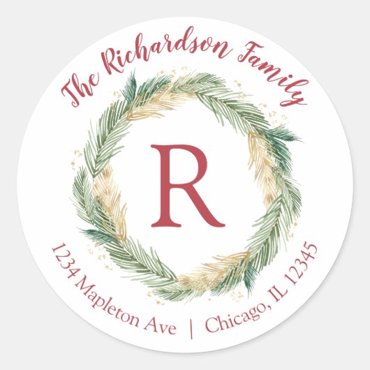 グリーン金ゴールドパインクリスマス差出人住所ラベル ラウンドシール (正面)