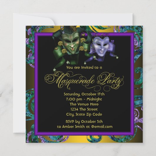 グリーン金ゴールドパープルマスカレードパーティの招待状 招待状 (裏面)