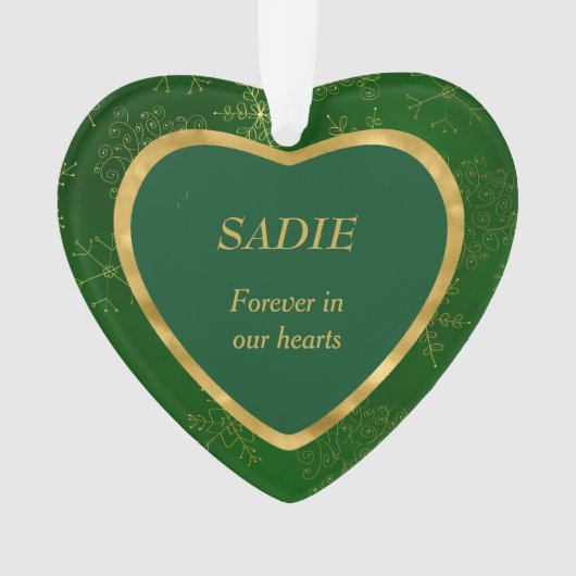 グリーン金ゴールドフレームスノーフレークPETメモリアル オーナメント (正面)