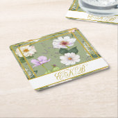 グリーン金ゴールドフローラエレガントモノグラム スクエアペーパーコースター (アングル)