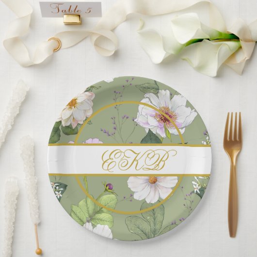 グリーン金ゴールドフローラエレガントモノグラム ペーパープレート (ウェディング)