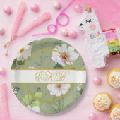 グリーン金ゴールドフローラエレガントモノグラム ペーパープレート (パーティー)