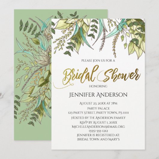 グリーン金ゴールドフローラリーフブライダルシャワー 招待状 (正面/裏面)