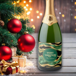 グリーン金ゴールドブラックグリッター波 スパークリングワインラベル