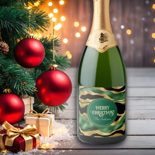 グリーン金ゴールドブラックグリッター波 スパークリングワインラベル