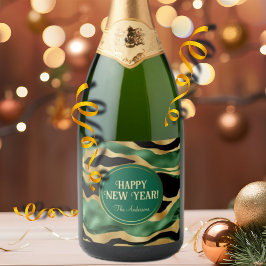 グリーン金ゴールドブラックグリッター波 スパークリングワインラベル