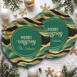 グリーン金ゴールドブラックグリッター波 ペーパープレート