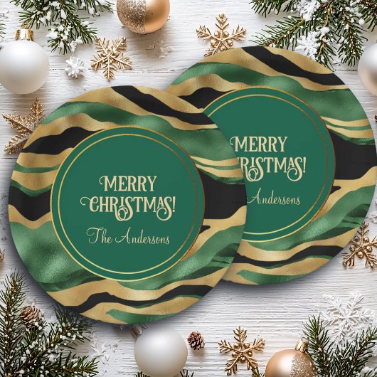 グリーン金ゴールドブラックグリッター波 ペーパープレート