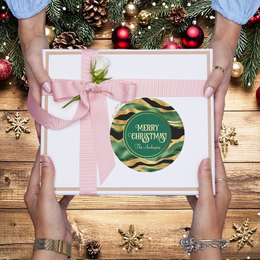 グリーン金ゴールドブラックグリッター波 ラウンドシール