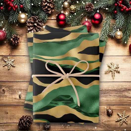 グリーン金ゴールドブラックグリッター波 ラッピングペーパーシート