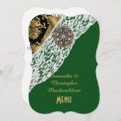 グリーン金ゴールドブラックダマスク結婚ホワイトレースのメニュー メニュー (正面/裏面)