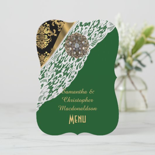 グリーン金ゴールドブラックダマスク結婚ホワイトレースのメニュー メニュー (スタンド正面)