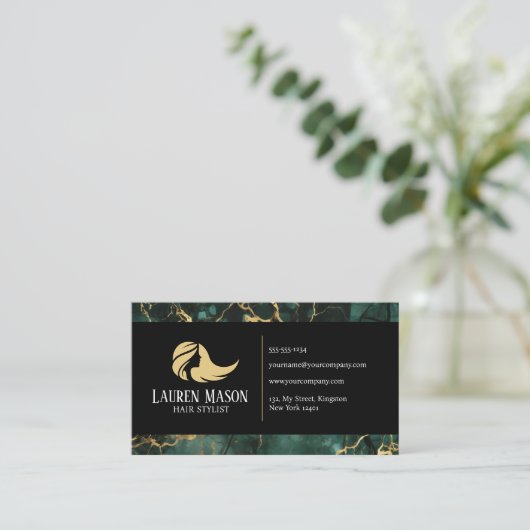 グリーン金ゴールドブラック大理石美容師ヘアサロン 名刺 (スタンド正面)