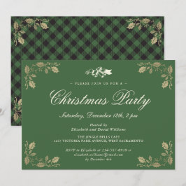 グリーン金ゴールドプレイドクリスマスホリデーパーティー 招待状