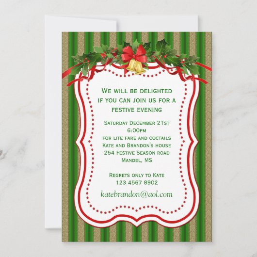 グリーン金ゴールドホリーベルクリスマスパーティの招待状 招待状 (正面)