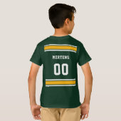 グリーン金ゴールドホワイトスポーツジャージーチーム名キッズ Tシャツ (裏面フル)