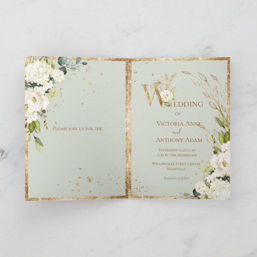 グリーン金ゴールドホワイトフローラエレガントな結婚式 招待状 (内部)