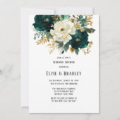 グリーン金ゴールドホワイトボタニカルフローラウェディングシャワー 招待状 (正面)
